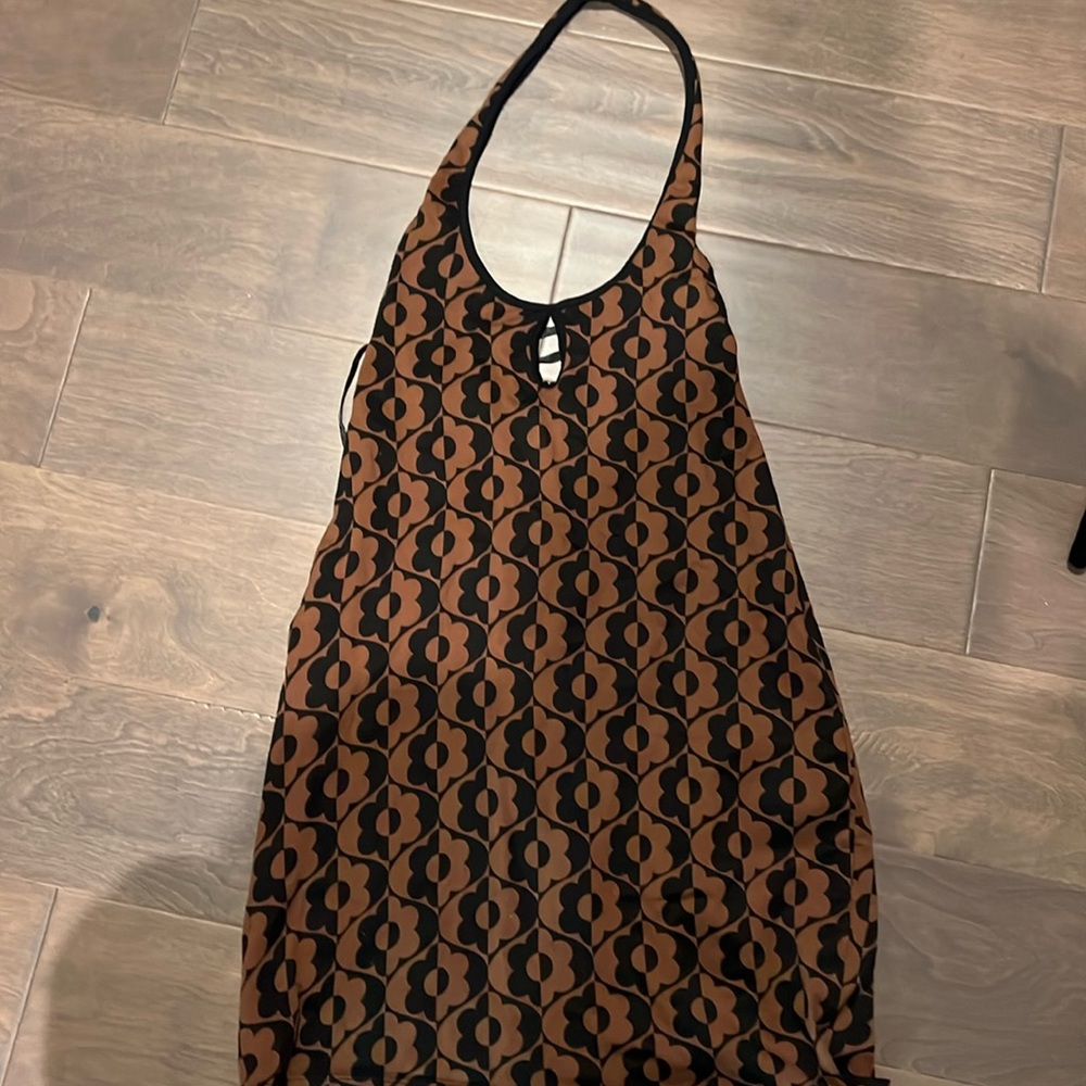 Floral pattern black and brown halter mini dress